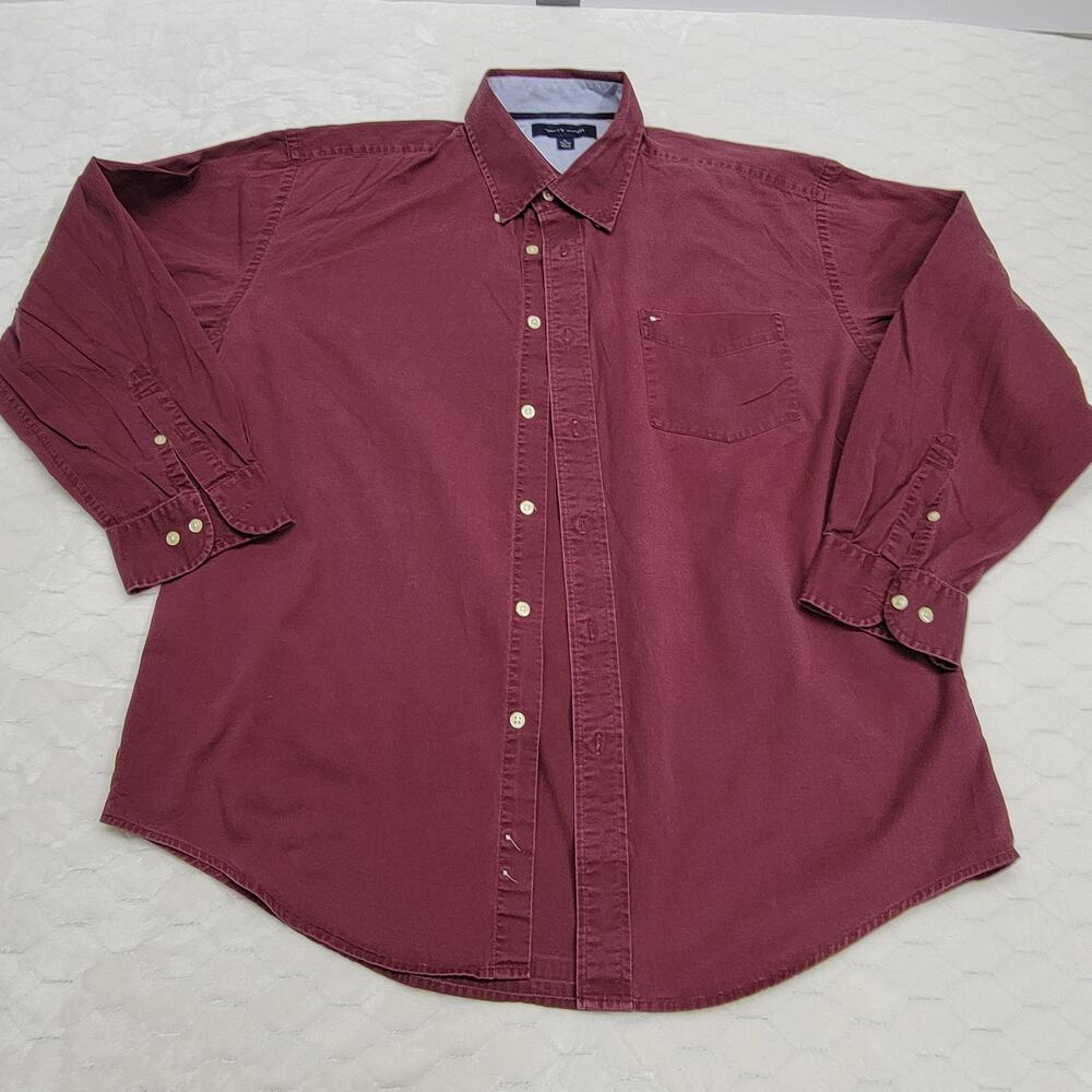Tommy Hilfiger Mens XL Long Sleeve Button Down Shirt Burgundy Solid Cotton